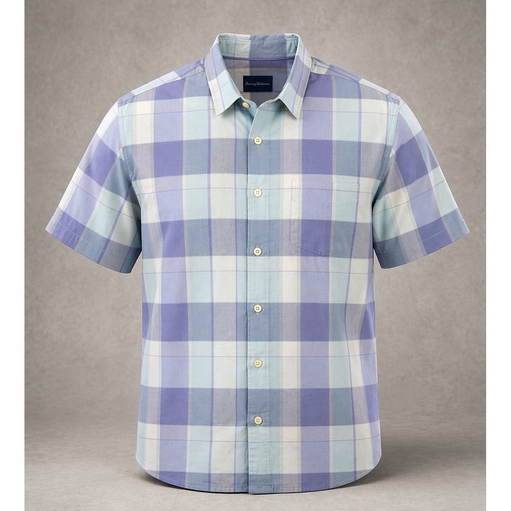 Tommy Bahama 100% Silk Shirt Mens XL  Plaid Floral Button Up Short Sleeve Blue